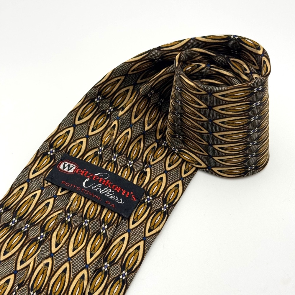 Weitzenkorns Clothiers Mens Silk Tie Geometric Teardrop Gold Brown Made in‎ USA
